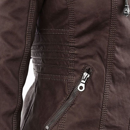 Elegant Faux Leather Moto Jacket for Women with Detachable Hood Long Sleeve Zip Front Casual Style
