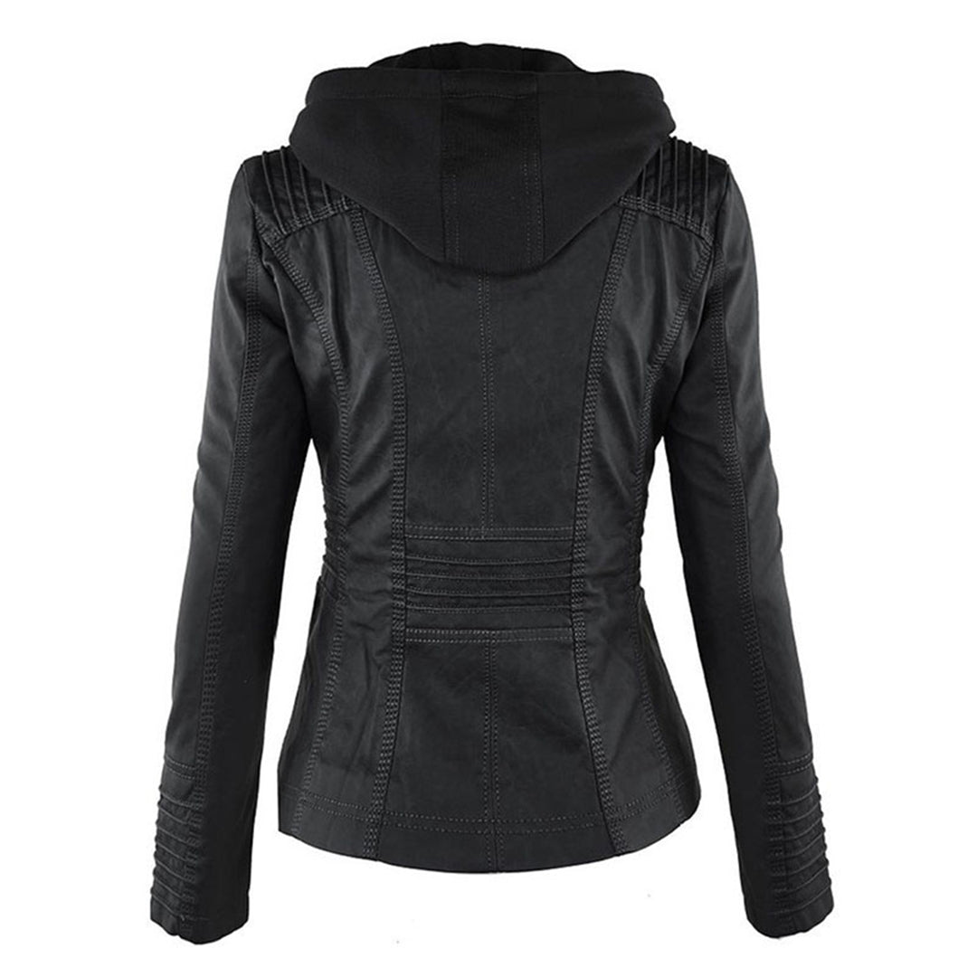Elegant Faux Leather Moto Jacket for Women with Detachable Hood Long Sleeve Zip Front Casual Style
