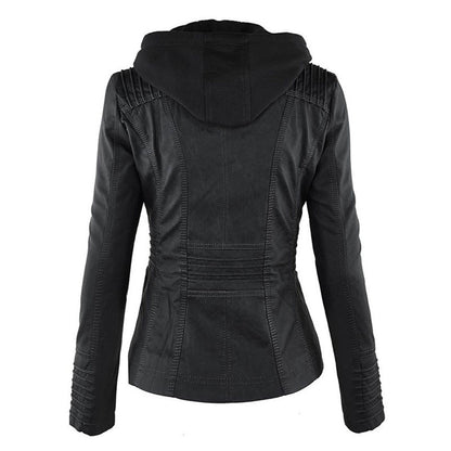 Elegant Faux Leather Moto Jacket for Women with Detachable Hood Long Sleeve Zip Front Casual Style