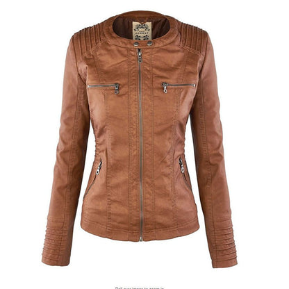 Elegant Faux Leather Moto Jacket for Women with Detachable Hood Long Sleeve Zip Front Casual Style