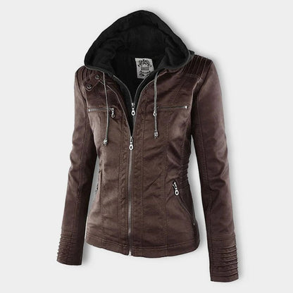 Elegant Faux Leather Moto Jacket for Women with Detachable Hood Long Sleeve Zip Front Casual Style