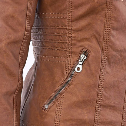 Elegant Faux Leather Moto Jacket for Women with Detachable Hood Long Sleeve Zip Front Casual Style