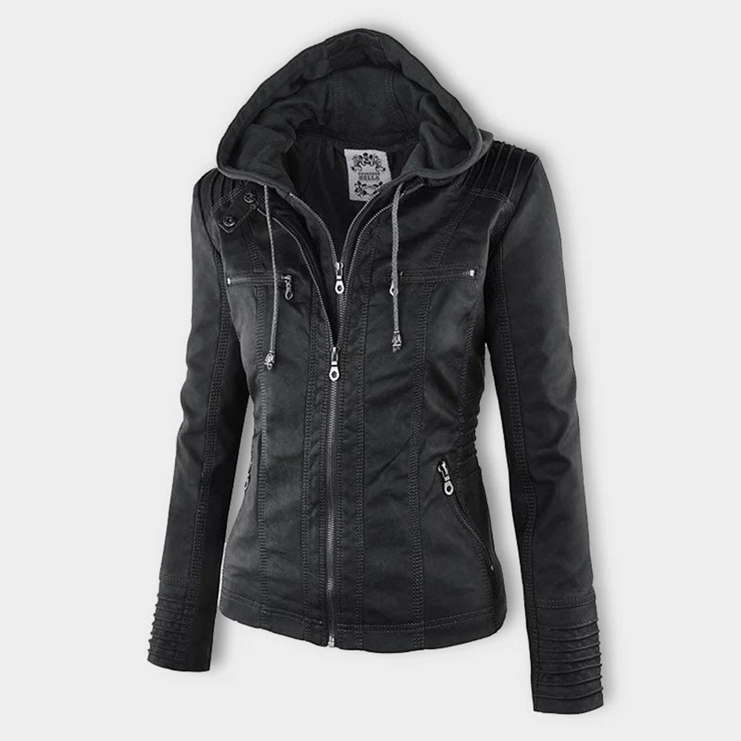 Elegant Faux Leather Moto Jacket for Women with Detachable Hood Long Sleeve Zip Front Casual Style