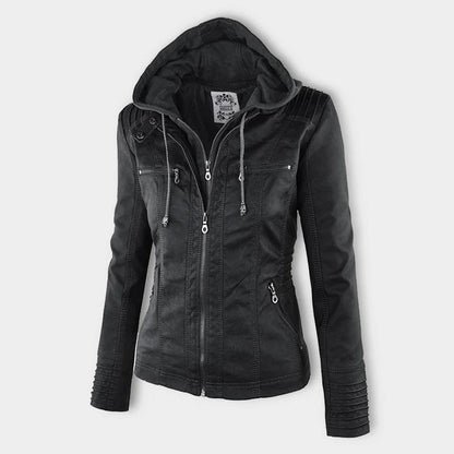 Elegant Faux Leather Moto Jacket for Women with Detachable Hood Long Sleeve Zip Front Casual Style