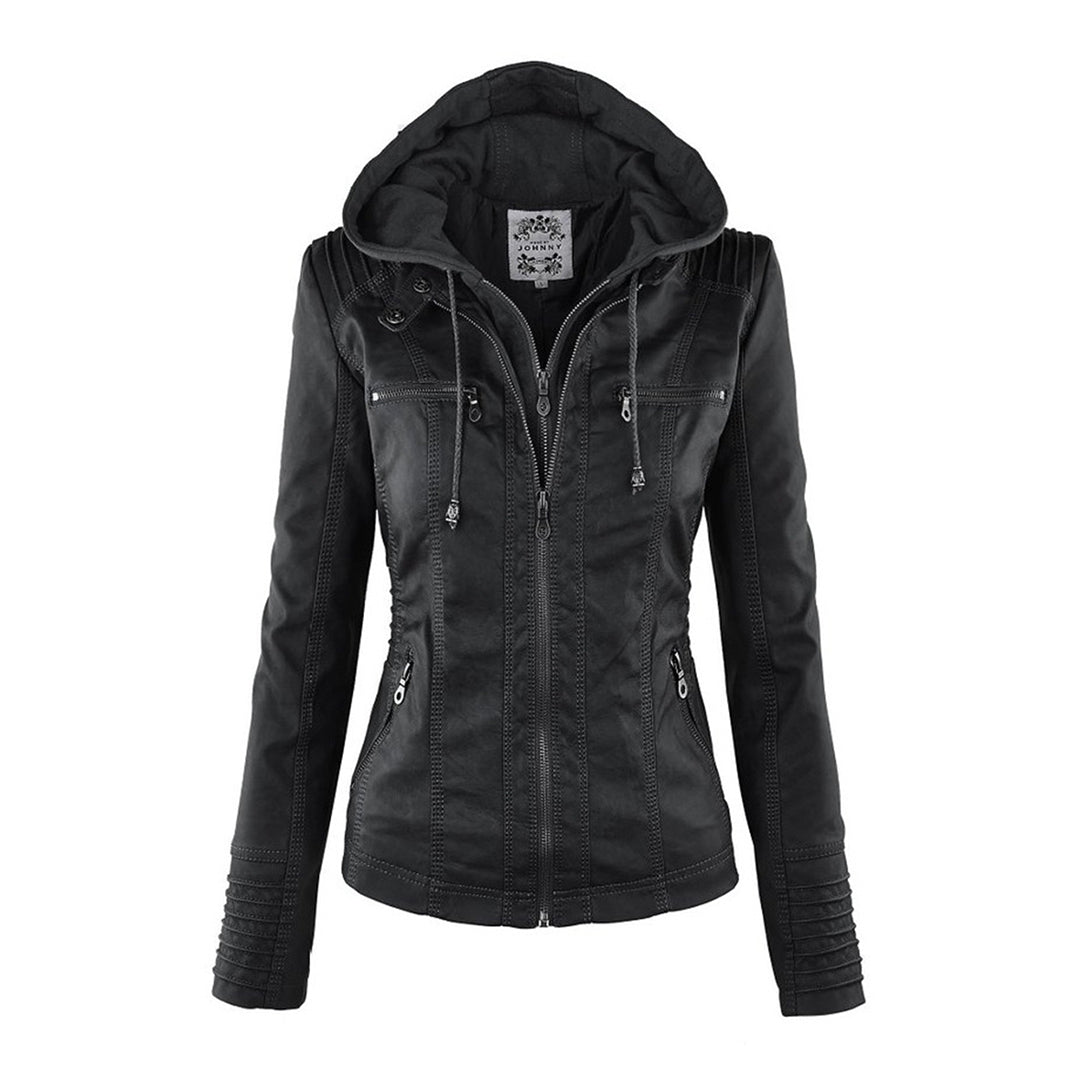 Elegant Faux Leather Moto Jacket for Women with Detachable Hood Long Sleeve Zip Front Casual Style