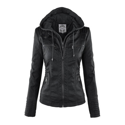 Elegant Faux Leather Moto Jacket for Women with Detachable Hood Long Sleeve Zip Front Casual Style