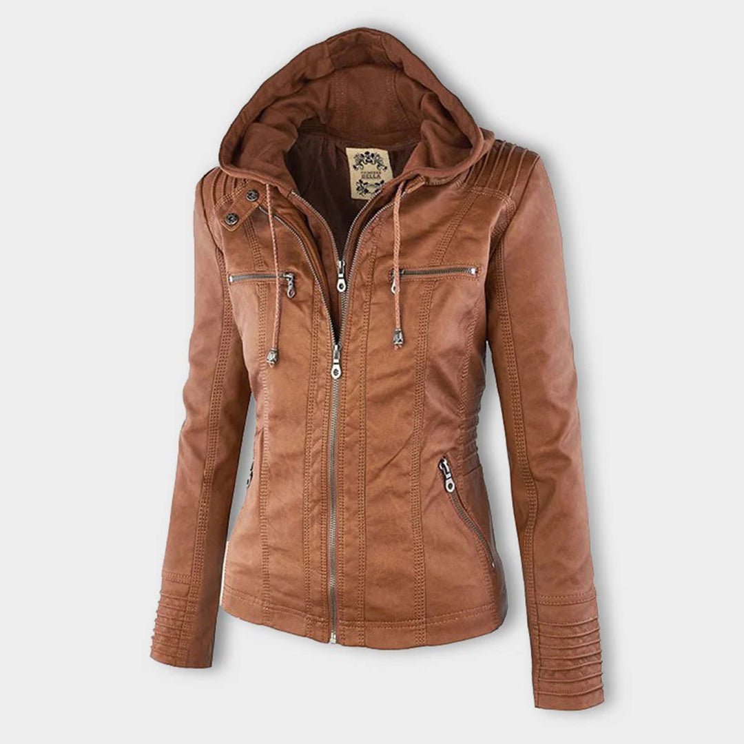 Elegant Faux Leather Moto Jacket for Women with Detachable Hood Long Sleeve Zip Front Casual Style