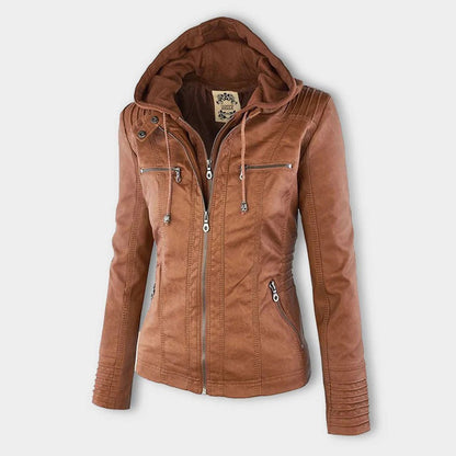 Elegant Faux Leather Moto Jacket for Women with Detachable Hood Long Sleeve Zip Front Casual Style