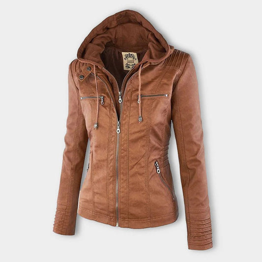 Elegant Faux Leather Moto Jacket for Women with Detachable Hood Long Sleeve Zip Front Casual Style