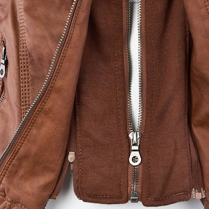 Elegant Faux Leather Moto Jacket for Women with Detachable Hood Long Sleeve Zip Front Casual Style