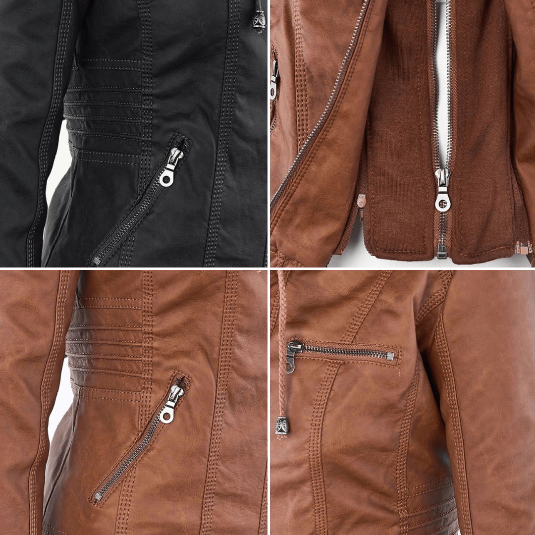 Elegant Faux Leather Moto Jacket for Women with Detachable Hood Long Sleeve Zip Front Casual Style