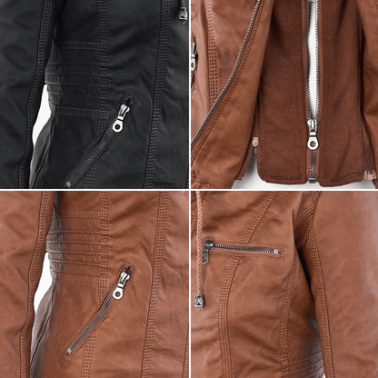 Elegant Faux Leather Moto Jacket for Women with Detachable Hood Long Sleeve Zip Front Casual Style