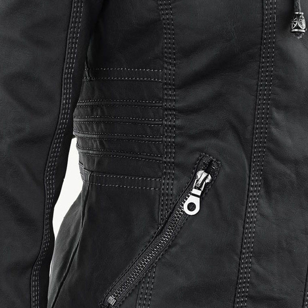 Elegant Faux Leather Moto Jacket for Women with Detachable Hood Long Sleeve Zip Front Casual Style