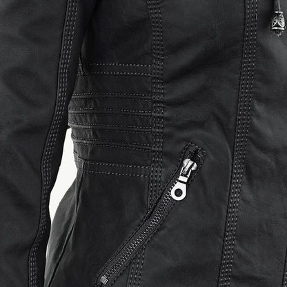 Elegant Faux Leather Moto Jacket for Women with Detachable Hood Long Sleeve Zip Front Casual Style