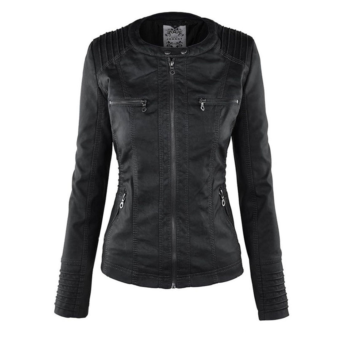 Elegant Faux Leather Moto Jacket for Women with Detachable Hood Long Sleeve Zip Front Casual Style