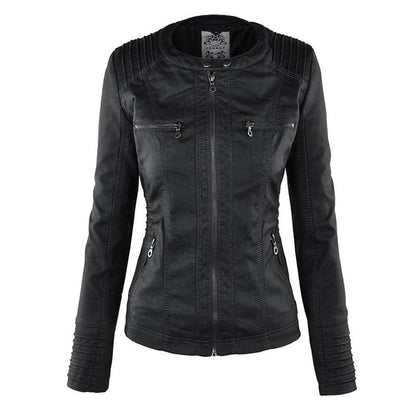Elegant Faux Leather Moto Jacket for Women with Detachable Hood Long Sleeve Zip Front Casual Style