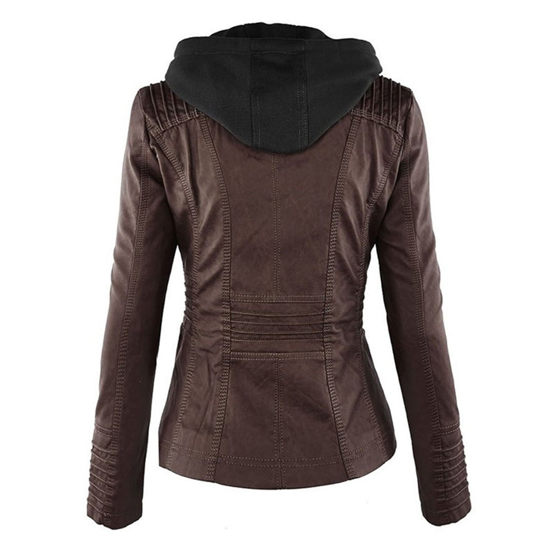Elegant Faux Leather Moto Jacket for Women with Detachable Hood Long Sleeve Zip Front Casual Style