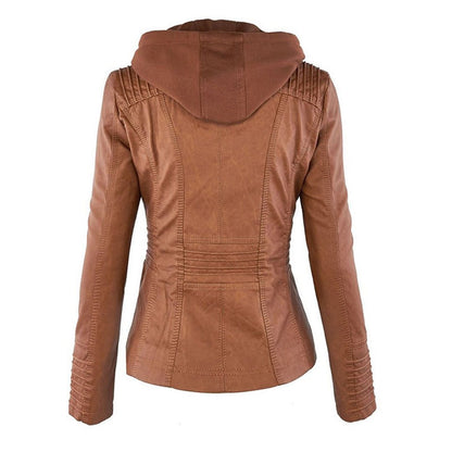 Elegant Faux Leather Moto Jacket for Women with Detachable Hood Long Sleeve Zip Front Casual Style