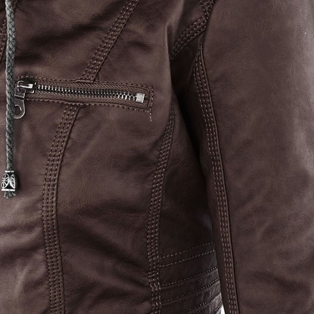 Elegant Faux Leather Moto Jacket for Women with Detachable Hood Long Sleeve Zip Front Casual Style