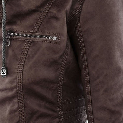 Elegant Faux Leather Moto Jacket for Women with Detachable Hood Long Sleeve Zip Front Casual Style