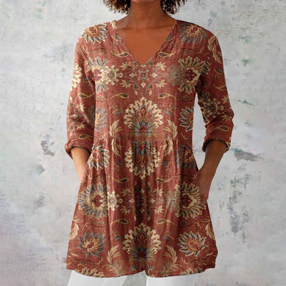 Effortless Rust Paisley Floral Tunic Top for Women with V Neck Elbow Sleeve Relaxed Bohemian Style