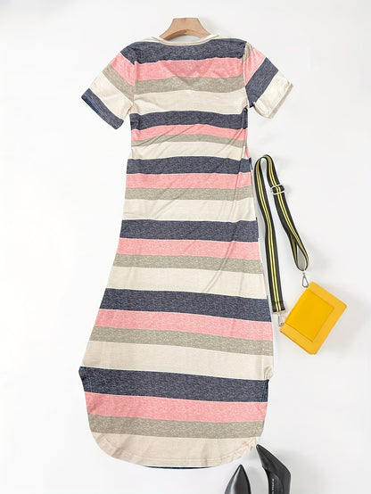 Effortless Striped Maxi Dress for Women with V Neck Short Sleeve Side Slit Relaxed Casual Style