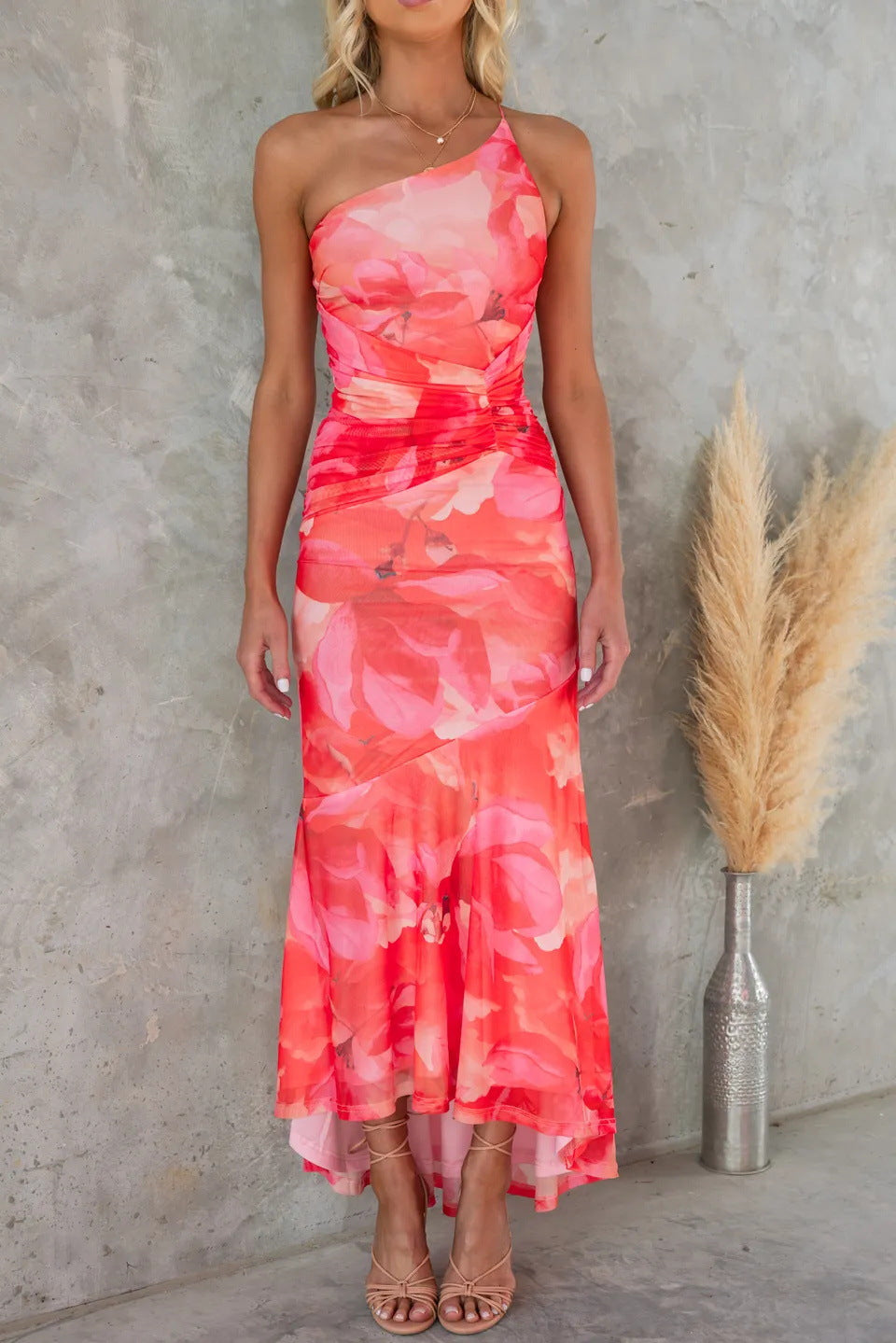 Elegant Floral Maxi Dress for Women with Sweetheart Neckline Ruffle Slit Formal Wedding Guest Style