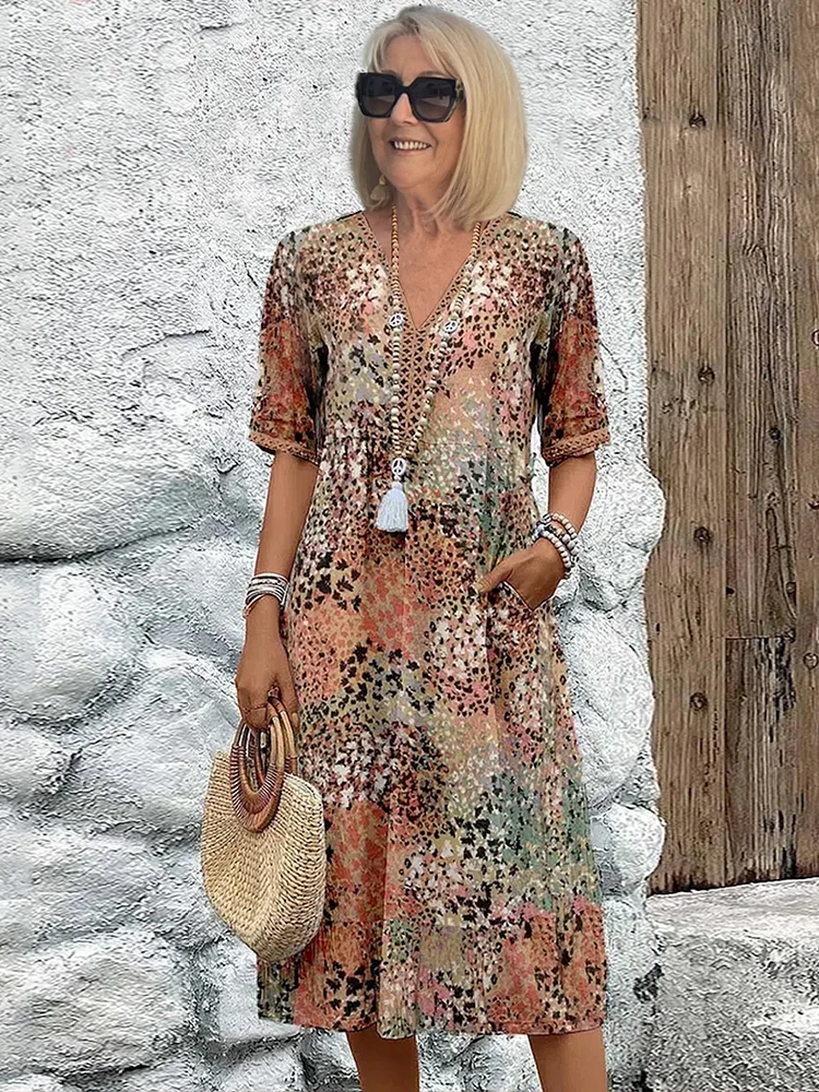 Effortless Abstract Print Midi Dress for Women with V Neck Half Sleeve Flowing Bohemian Style