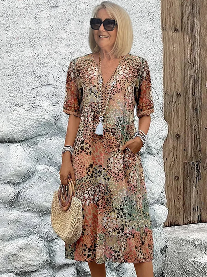 Effortless Abstract Print Midi Dress for Women with V Neck Half Sleeve Flowing Bohemian Style