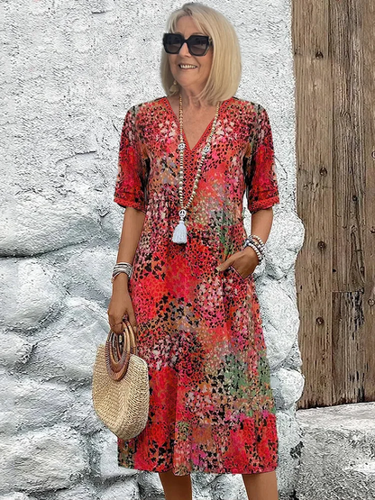 Effortless Abstract Print Midi Dress for Women with V Neck Half Sleeve Flowing Bohemian Style
