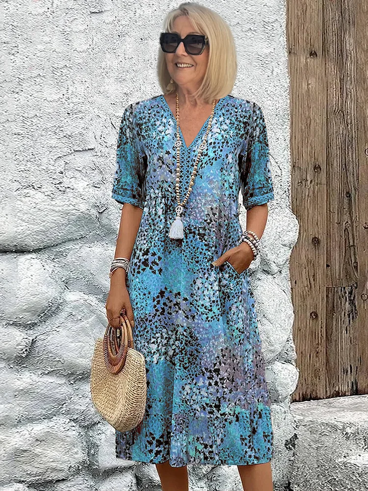 Effortless Abstract Print Midi Dress for Women with V Neck Half Sleeve Flowing Bohemian Style