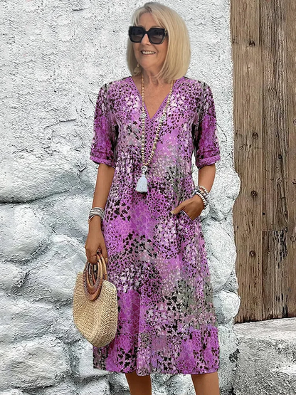 Effortless Abstract Print Midi Dress for Women with V Neck Half Sleeve Flowing Bohemian Style