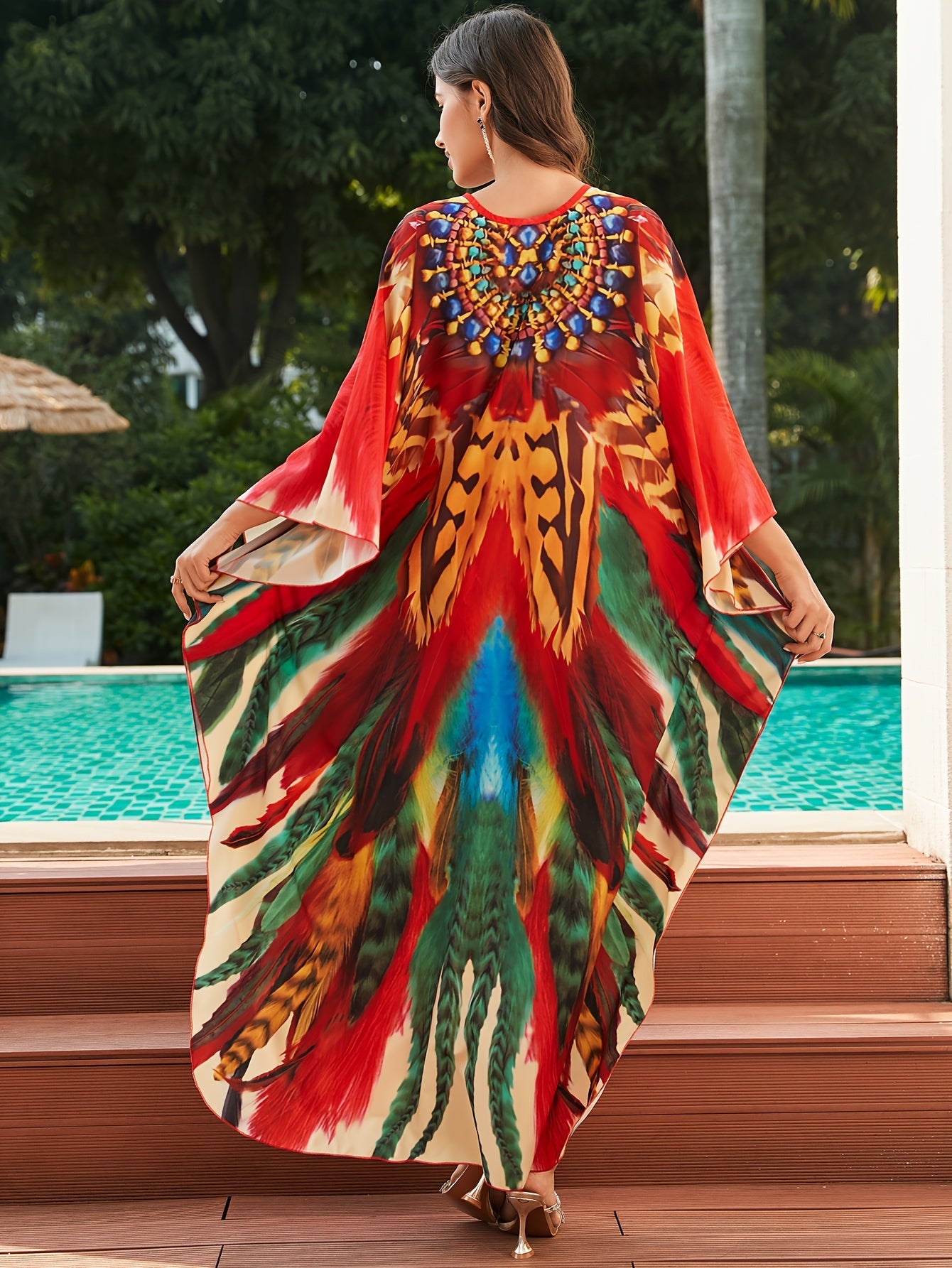 Elegant Multicolor Feather Print Kaftan Dress for Women with V Neck Batwing Sleeve Beaded Flowing Bohemian Style