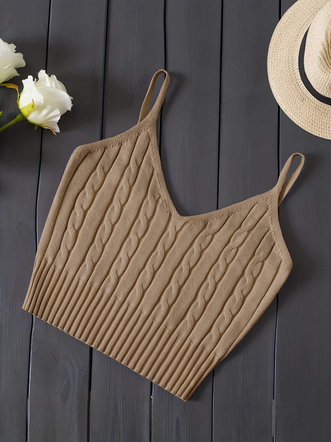 Comfortable Cable Knit Tank Top for Women with V Neck Sleeveless Ribbed Cropped Style