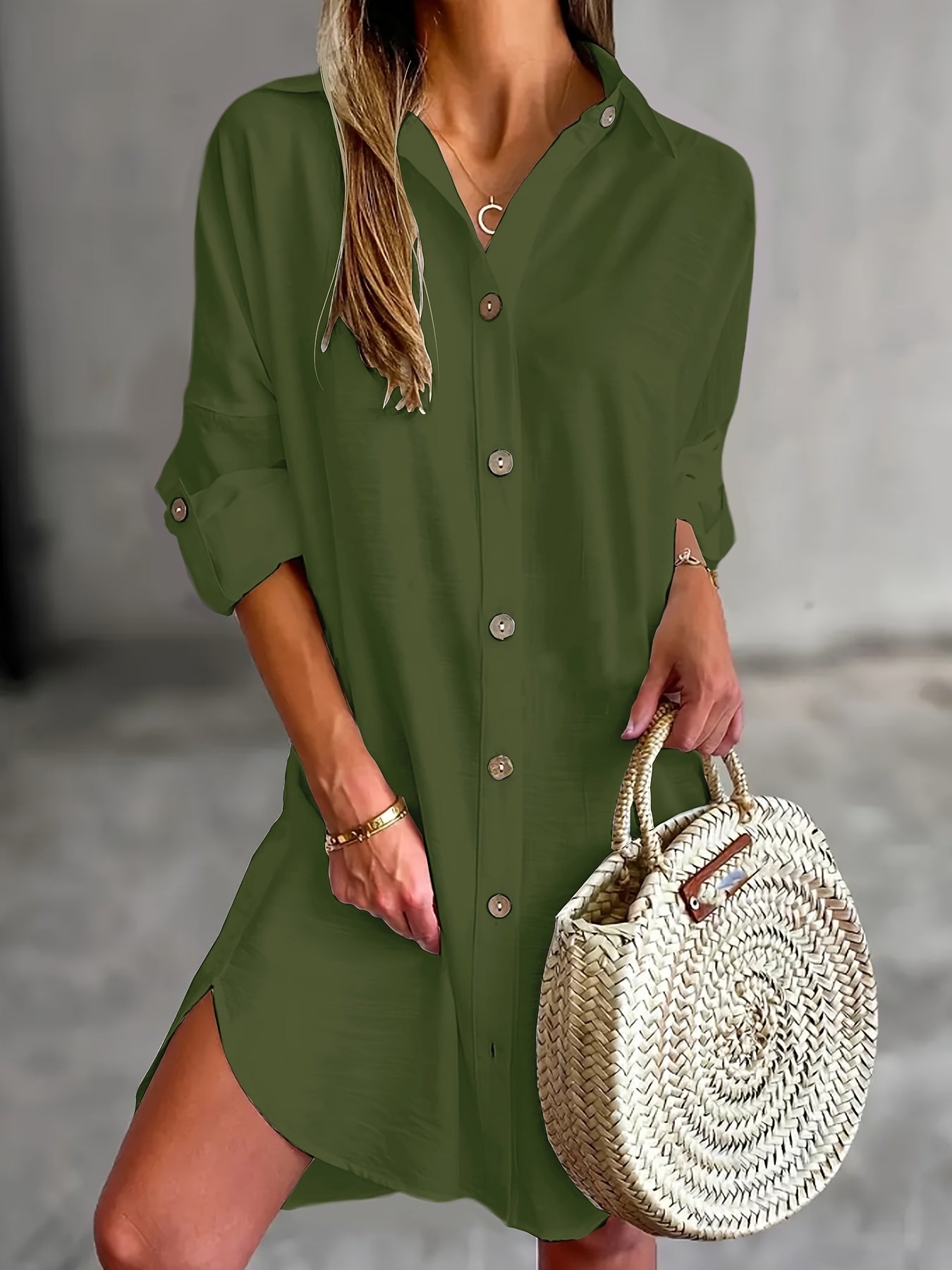 Effortless Button Front Shirt Dress for Women with Collar Long Sleeve Relaxed Oversized Style