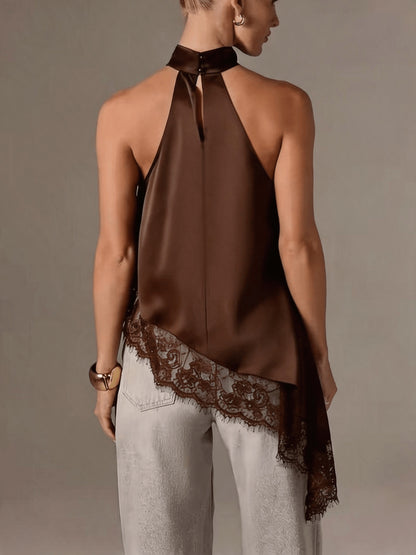 Elegant Satin Lace Trim Blouse for Women with Halter Neck Sleeveless Asymmetric Hem Silky Style