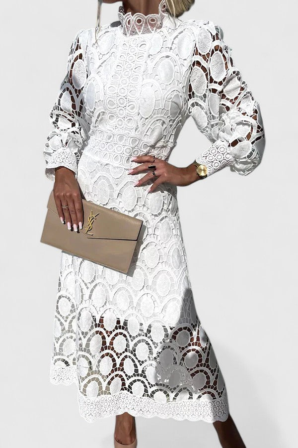 Elegant Lace Maxi Dress for Women with High Neck Long Sleeve Tiered Skirt Formal Wedding Guest Style