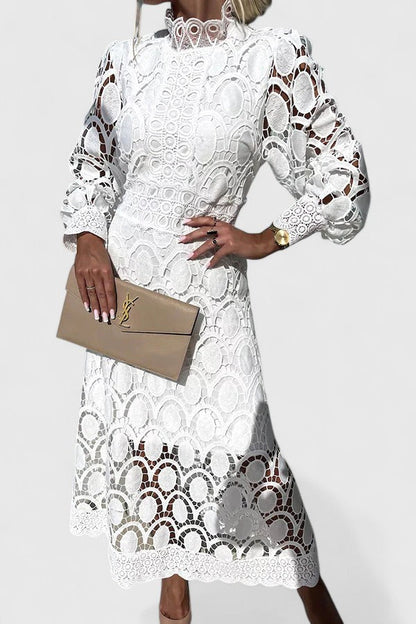 Elegant Lace Maxi Dress for Women with High Neck Long Sleeve Tiered Skirt Formal Wedding Guest Style
