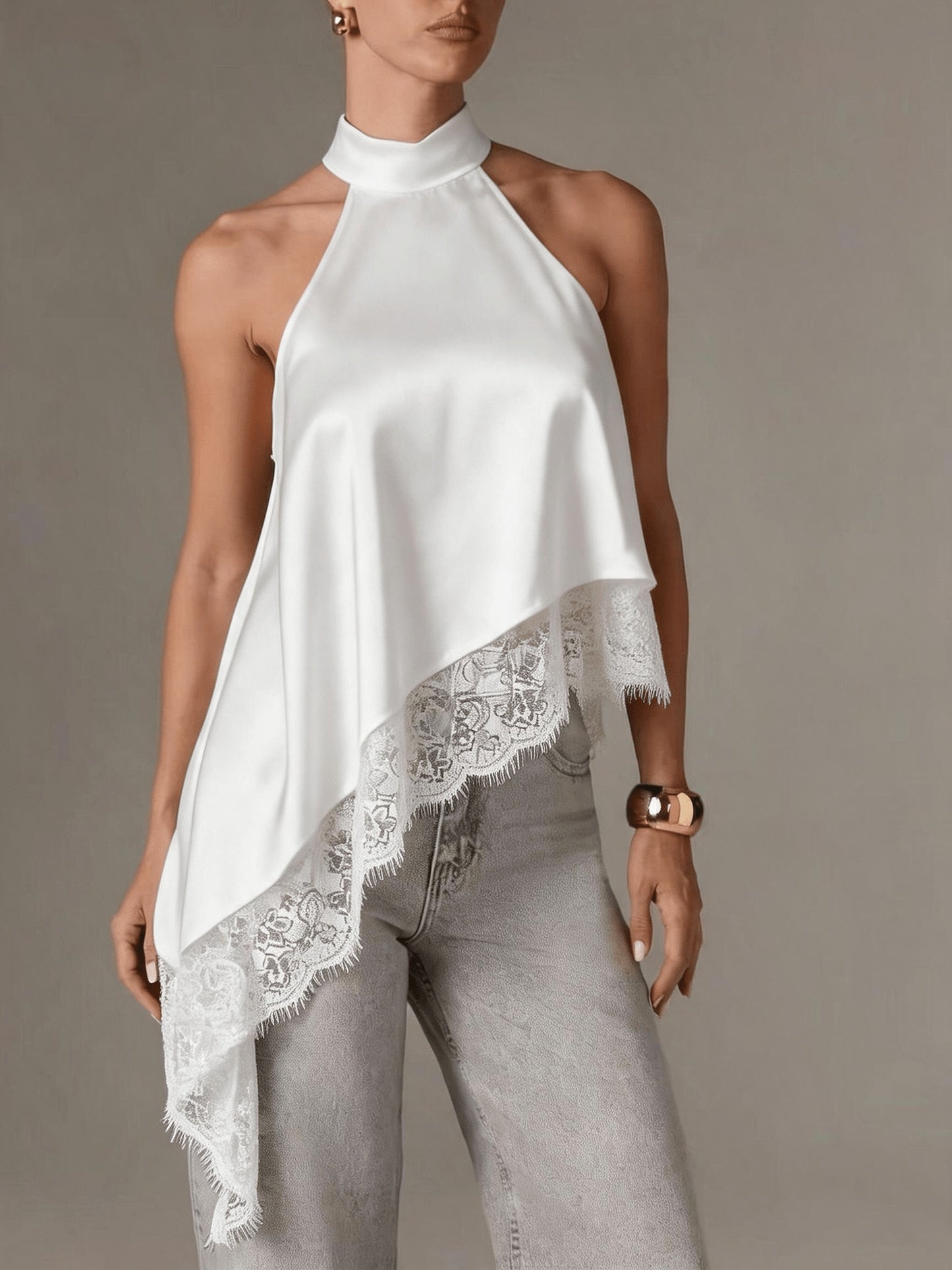 Elegant Satin Lace Trim Blouse for Women with Halter Neck Sleeveless Asymmetric Hem Silky Style