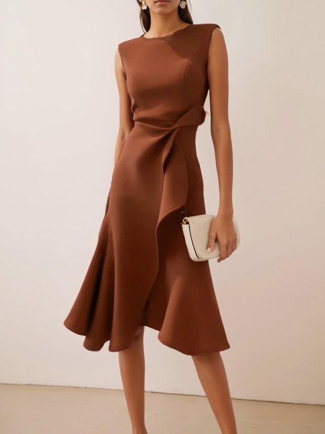 Elegant Draped Midi Dress for Women with Round Neck Sleeveless Asymmetrical Ruffle Flowing Style