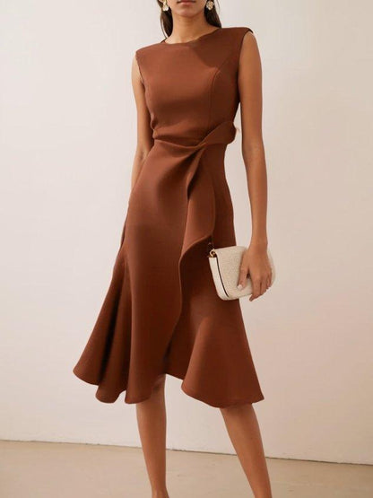 Elegant Draped Midi Dress for Women with Round Neck Sleeveless Asymmetrical Ruffle Flowing Style