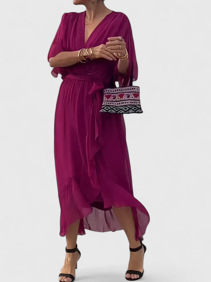 Elegant Maxi Dress for Women with V Neck Batwing Sleeve Wrap Waist Formal Wedding Guest Style