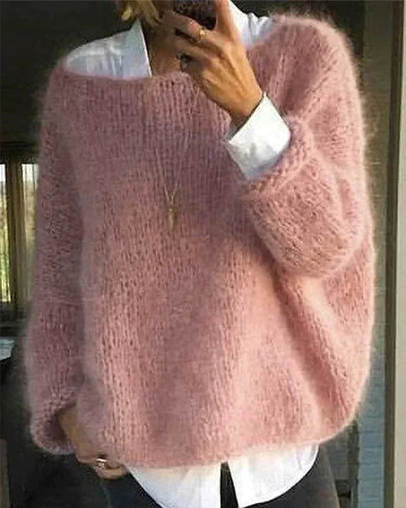 Comfortable Mohair Knit Sweater for Women with Wide Neck Long Sleeve Oversized Relaxed Style
