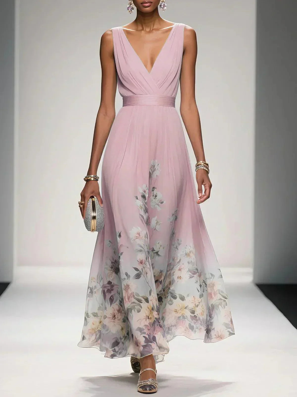 Effortless Floral Chiffon Maxi Dress for Women with Deep V Neck Sleeveless Flowing Formal Wedding Guest Style