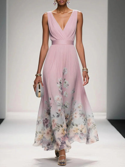 Effortless Floral Chiffon Maxi Dress for Women with V Neck Sleeveless Pleated Flowing Wedding Guest Style