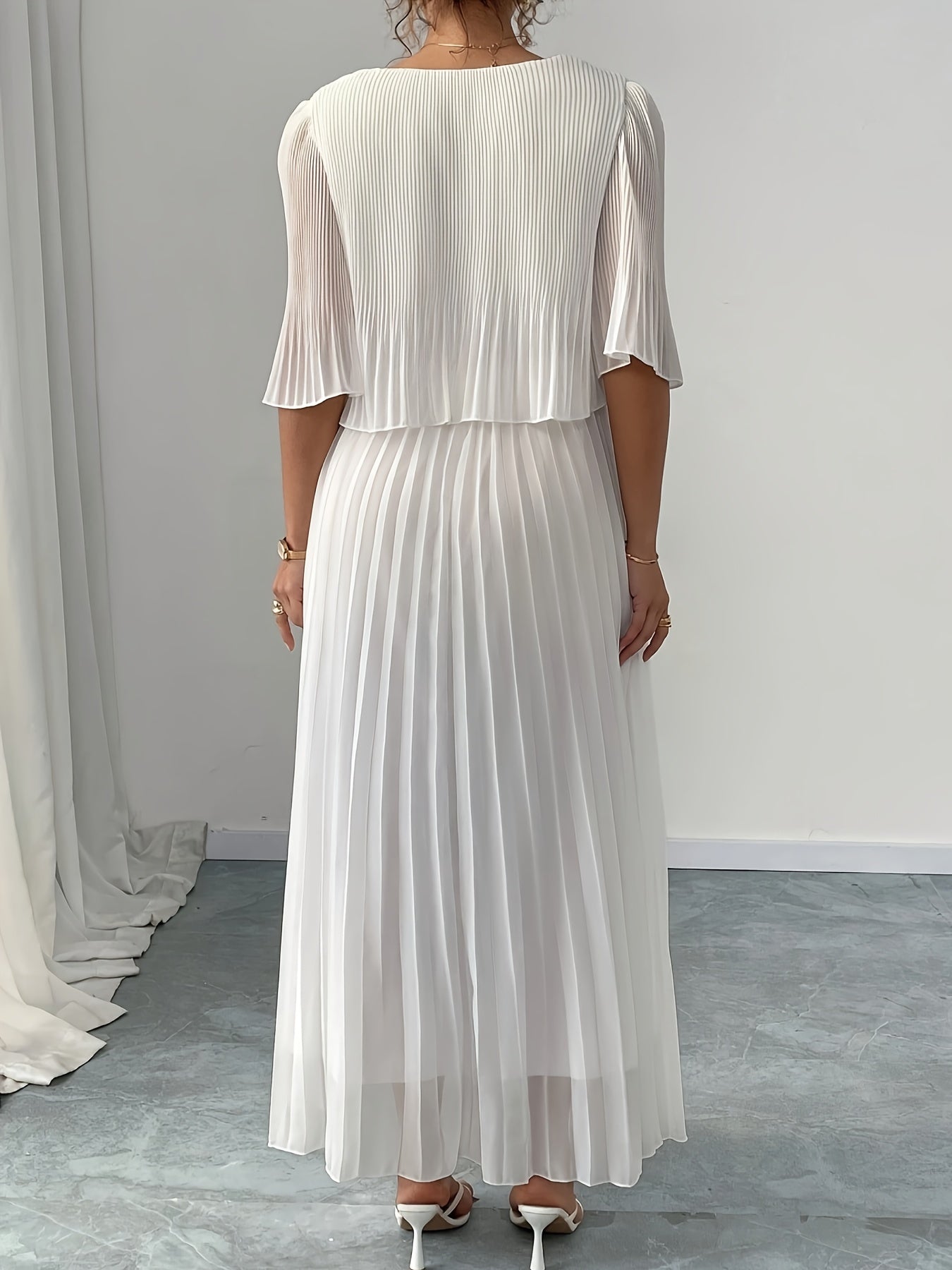 Elegant White Chiffon Maxi Dress for Women with Batwing Sleeve Pleated Skirt Formal Wedding Guest Style