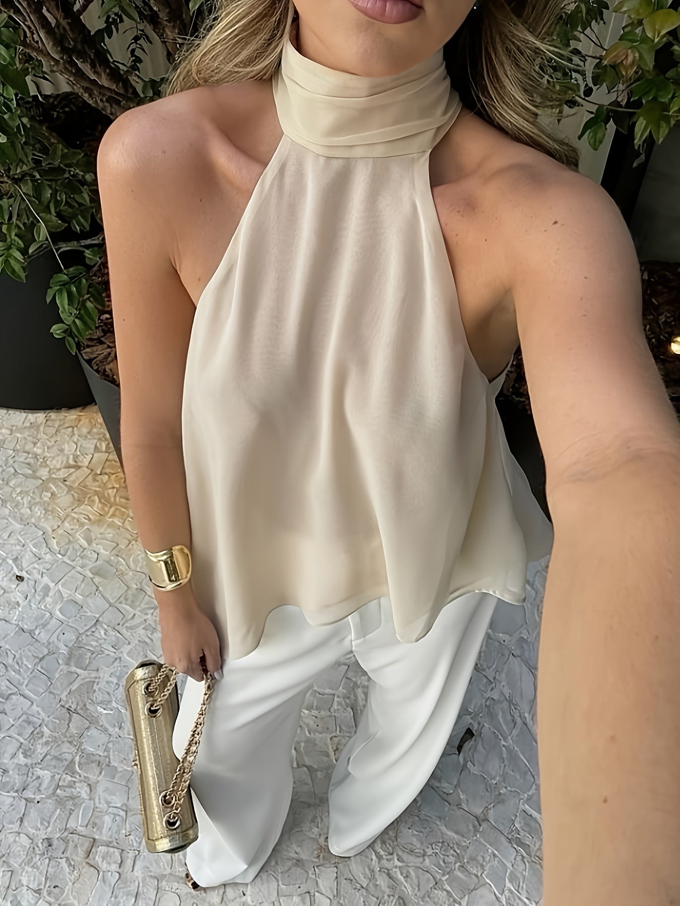 Effortless Chiffon Halter Top for Women with High Neck Sleeveless Flowing Asymmetrical Hem Style