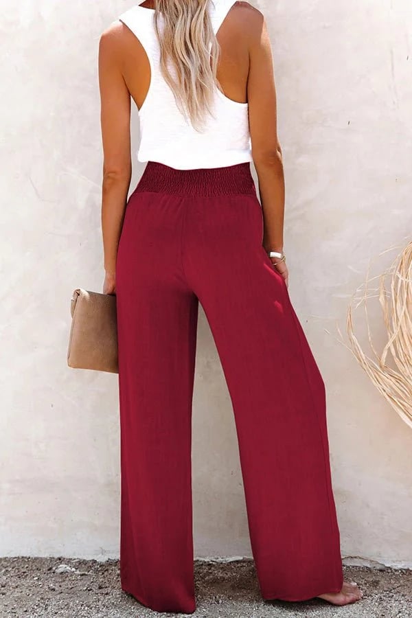 Effortless Linen Wide Leg Pants for Women with High Waist Smocked Button Front Relaxed Style