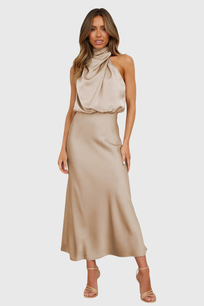 Elegant Satin Maxi Dress for Women with Halter Neck Cowl Draped Sleeveless Formal Wedding Guest Style