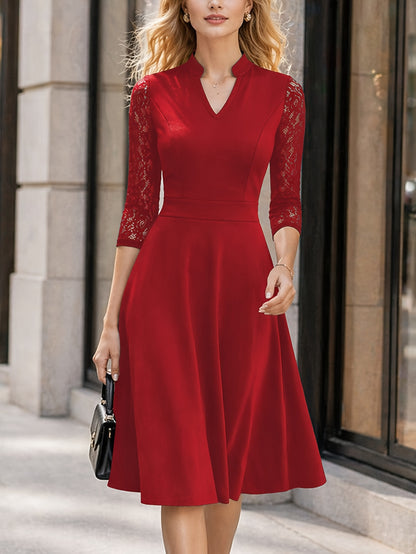 Elegant Lace Trim Midi Dress for Women with Notch V Neck Elbow Sleeve Fit and Flare Cocktail Style